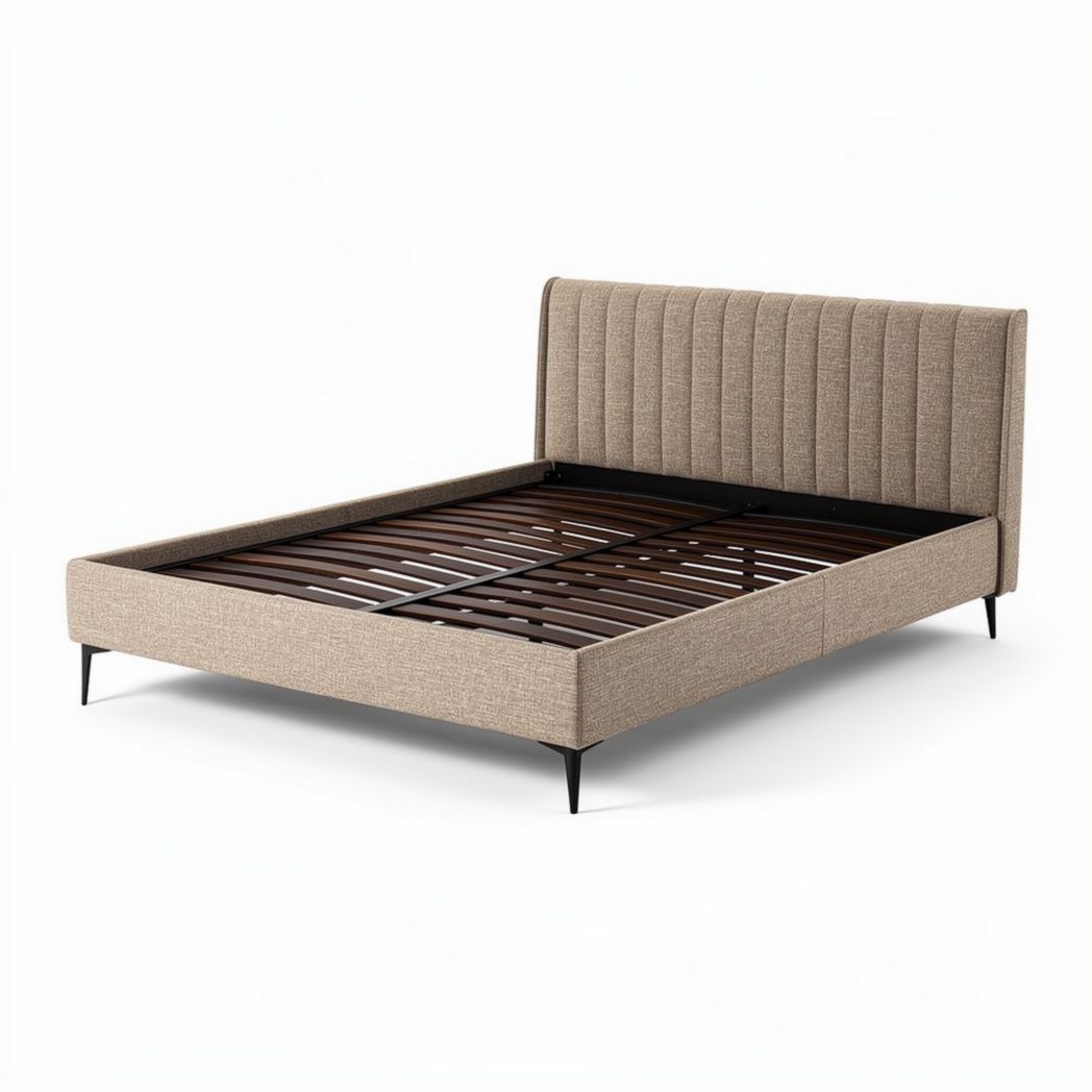 Lit en tissu beige avec tête de lit capitonnée dimensions 200 x 160 x 100cm