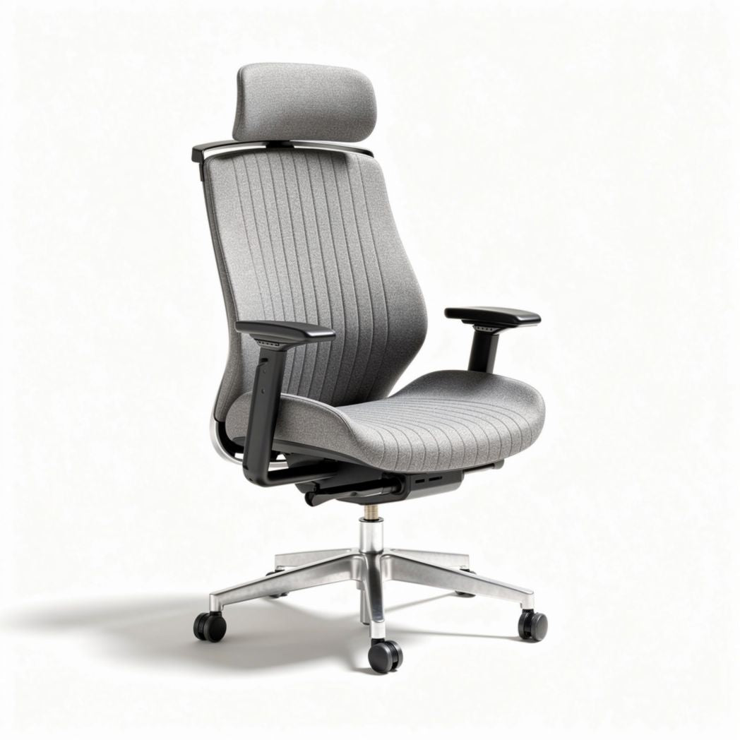 Chaise de bureau ergonomique avec appui-tête en tissu gris et accoudoirs ajustables 60 x 60 x 120cm