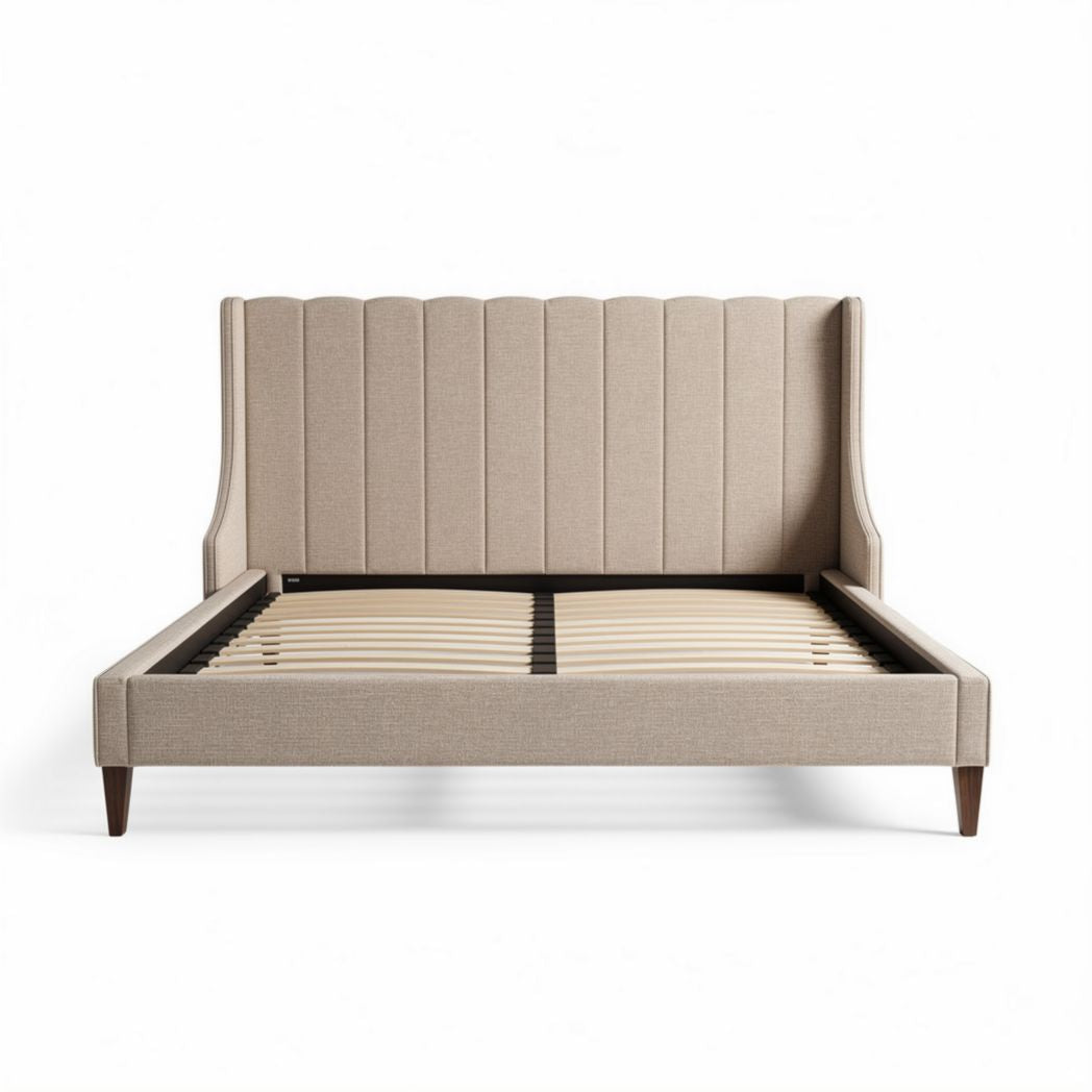 Lit king size en tissu beige avec tête de lit rembourrée 220 x 160 x 120cm
